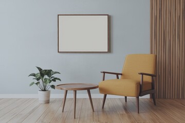 Fototapeta premium Minimalist living room with yellow armchair wooden table artwork.