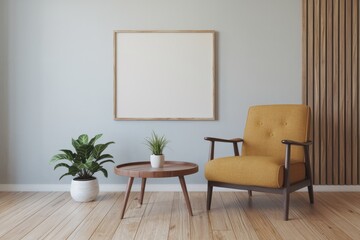 A minimalist living room with a yellow armchair  a wooden coffee table  and a framed picture.