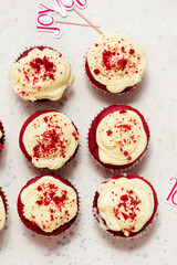 Valentines Day Decorated Red Velvet Cupcakes.selective focus