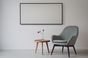A simple living room with a chair  table  and vase of flowers