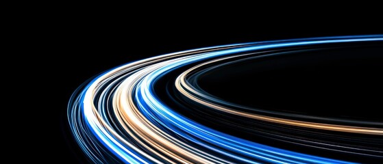 abstract futuristic background with glowing blue and white light trails curving dynamically against a dark space creating a motion blur effect