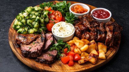 Grilled meat platter with vegetables, potatoes, and sauces on wooden plate