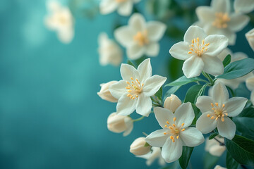 Fototapeta premium Delicate White Blossoms Against Teal Background