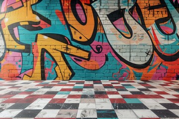 Fototapeta premium Vibrant graffiti art adorning a brick wall above a checkered floor creates an urban backdrop