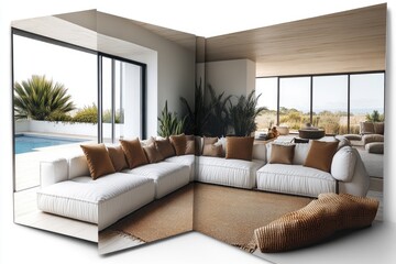 A cozy living room filled with white furniture and minimal decor