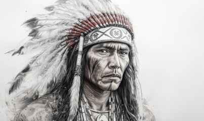 Fototapeta premium Native American chief, headdress, serious expression.