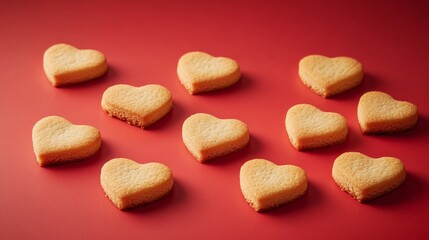 Obraz premium Heart-shaped cookies arranged on a vibrant red background for Valentine's celebration