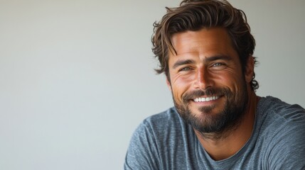 Fototapeta premium A happy man with a beard smiles at the camera