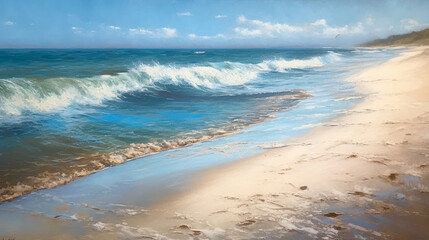 impressionism oil painting with thick impasto brush strokes of waves on a sandy beautiful beach with puffy clouds. using muted browns, blues, and white. 