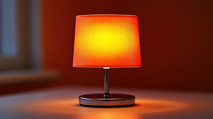 Illuminated orange lampshade on table, warm room