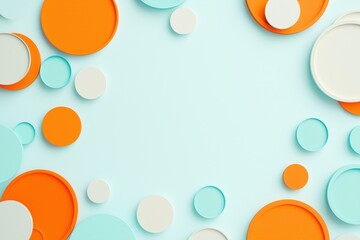 Colorful circular geometric pattern on light blue background &ndash; modern abstract design with orange, white, and teal overlapping shapes in flat lay arrangement