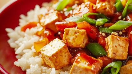 Image of a rice dish with tofu and sweet and sour sauce on a bright red plate, highlighting the tangy and flavorful sauce. Ideal for Asian cuisine lovers and recipe websites.