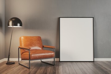 A brown leather armchair in a room with a white frame.