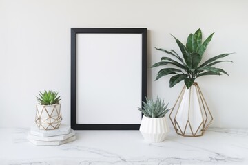 Black frame mockup with white pots and plants on marble surface