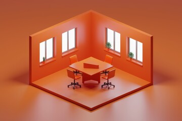 Minimalist orange office with a square table and four chairs  seen from above