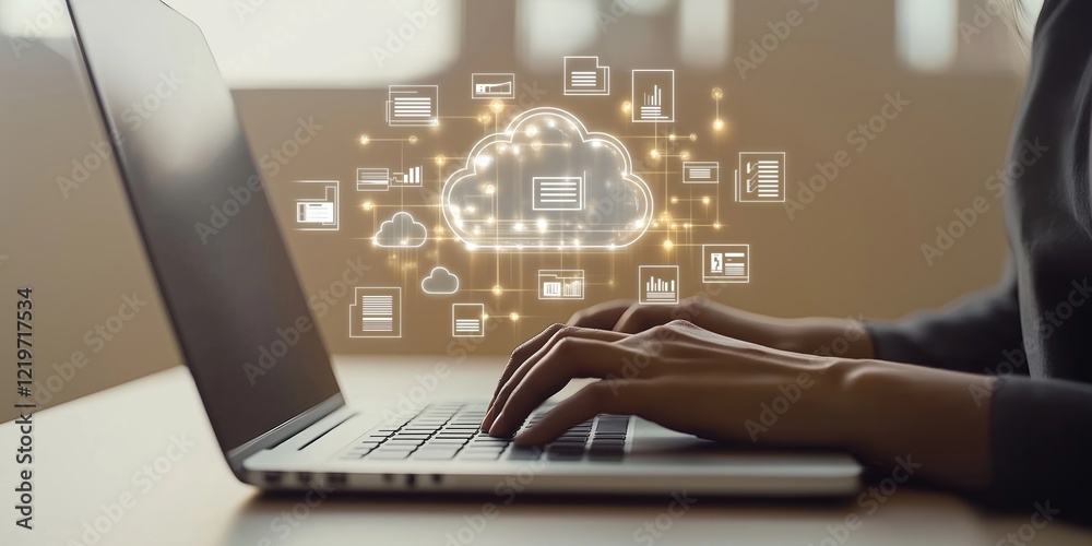Poster business person working on laptop with cloud computing tech interface. person typing on keyboard. cl