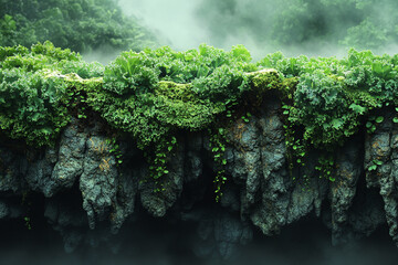 Lush Greenery Overhanging Dark Rocky Cliff Face
