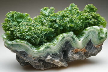 Green Kale Leaves Resting in a Carved Jade Bowl