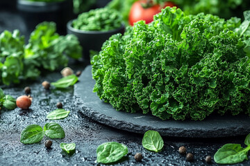 Fresh Kale and Greens Arranged on Dark Surface