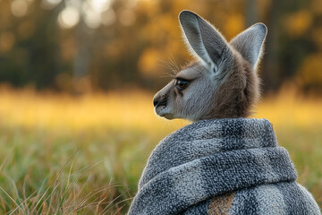 A young kangaroo wrapped in a cozy blanket outdoors