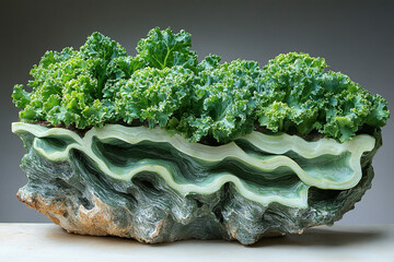 Kale Plants Growing in a Unique Green Stone Planter