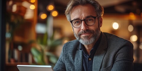 Fototapeta premium A businessman analyzing financial data on a tablet in a corporate setting. Perfect for illustrating growth strategies, investment, and business analytics.
