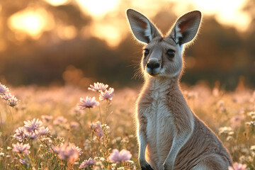 Young Kangaroo Amidst Sunset Wildflowers