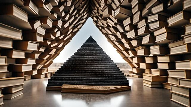 Pyramid made with books.