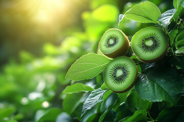 Three Kiwi Fruit Slices on a Lush Green Vine