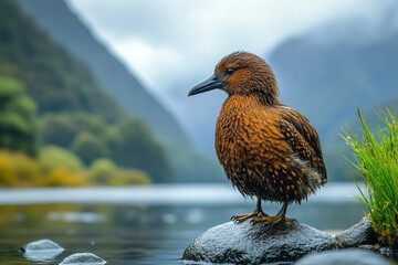 Brown bird perched on rock near tranquil water