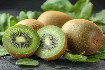 Ripe Kiwi Fruit Halved and Whole With Green Leaves