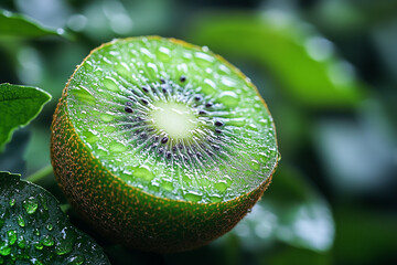 A Dew Covered Kiwi Slice Among Lush Green Leaves