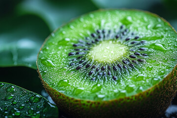 Dewy Green Kiwi Slice on Lush Leaves