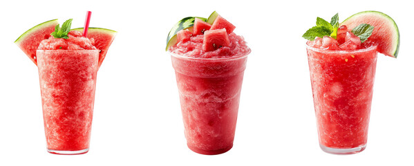 Three refreshing watermelon slushies in clear glasses on transparent background