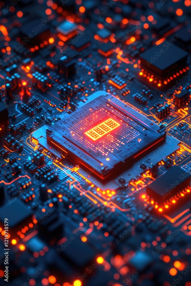 Poster a close-up view of a computer chip on a printed circuit board