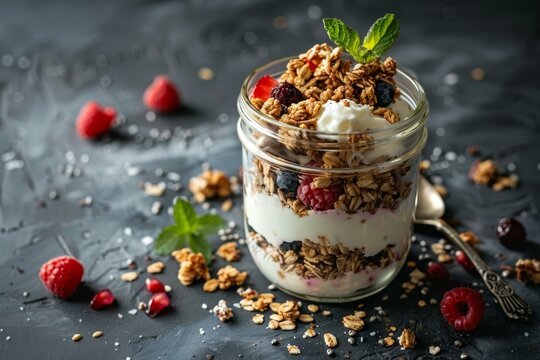 Granola parfait layered with yogurt and fresh berries in a glass jar, creating a vibrant and nutritious breakfast option