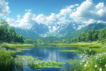 Fototapeta premium Serene Mountain Lake Landscape With Lush Vegetation