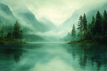 Serene Mountain Lake Mist Shrouded Conifers