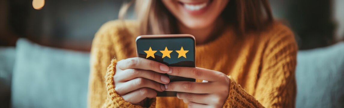 A person leaving a 5-star review on a smartphone. Ideal for use in online reviews, customer satisfaction, and reputation management themes.