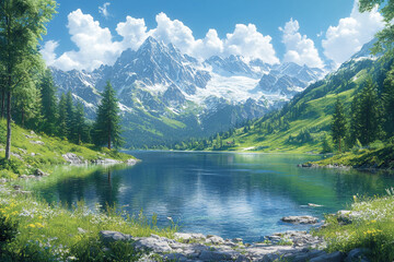 Serene Mountain Lake with Snowcapped Peaks and Lush Greenery