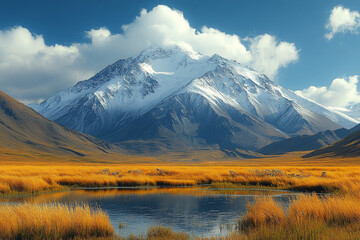Fototapeta premium Majestic snow capped mountain overlooking autumnal grasslands