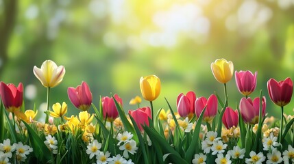 A delightful arrangement of colorful spring flowers creates a fresh floral border, providing a clear area for text or creative content.