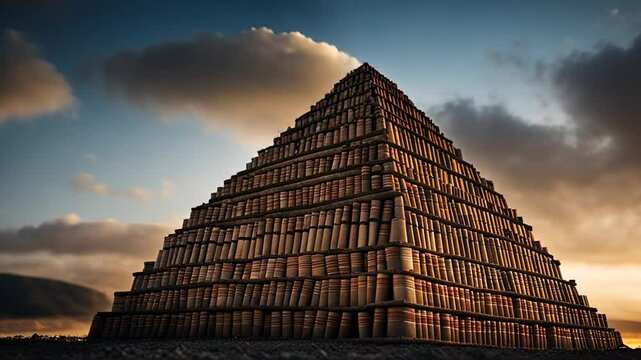 Pyramid made with books.