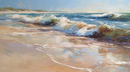 impressionism oil painting with thick impasto brush strokes of waves on a sandy beautiful beach with puffy clouds. using muted browns, blues, and white. 