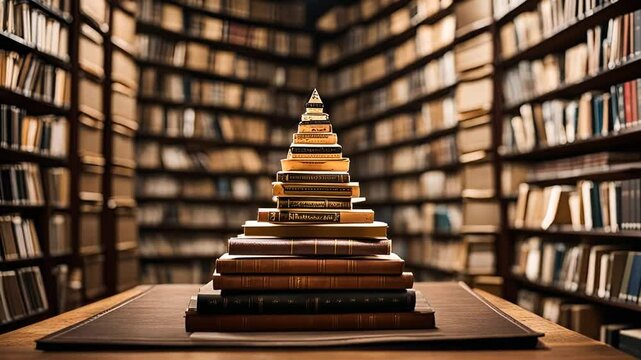 Pyramid made with books.