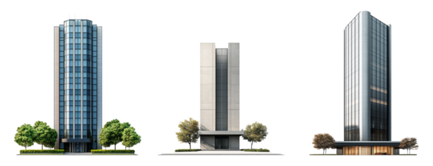 Three modern office buildings isolated on a transparent background