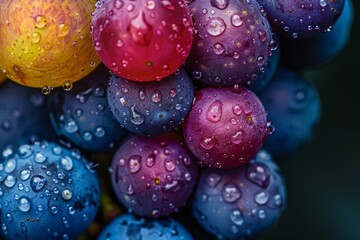 Close up of wet, colorful grapes, highlighting the freshness and variety of the fruit