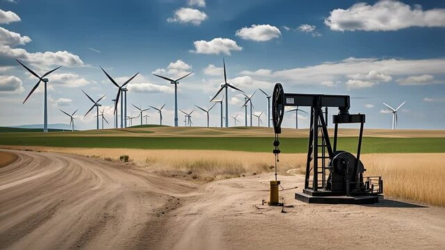 Oil pump jack next to solar panels and wind turbines.