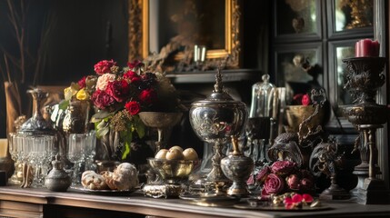 Naklejka premium Vintage Silverware and Flowers in Lavish Setting