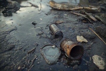 Obraz premium A single water bottle sits atop muddy terrain, great for outdoor or adventure scenes